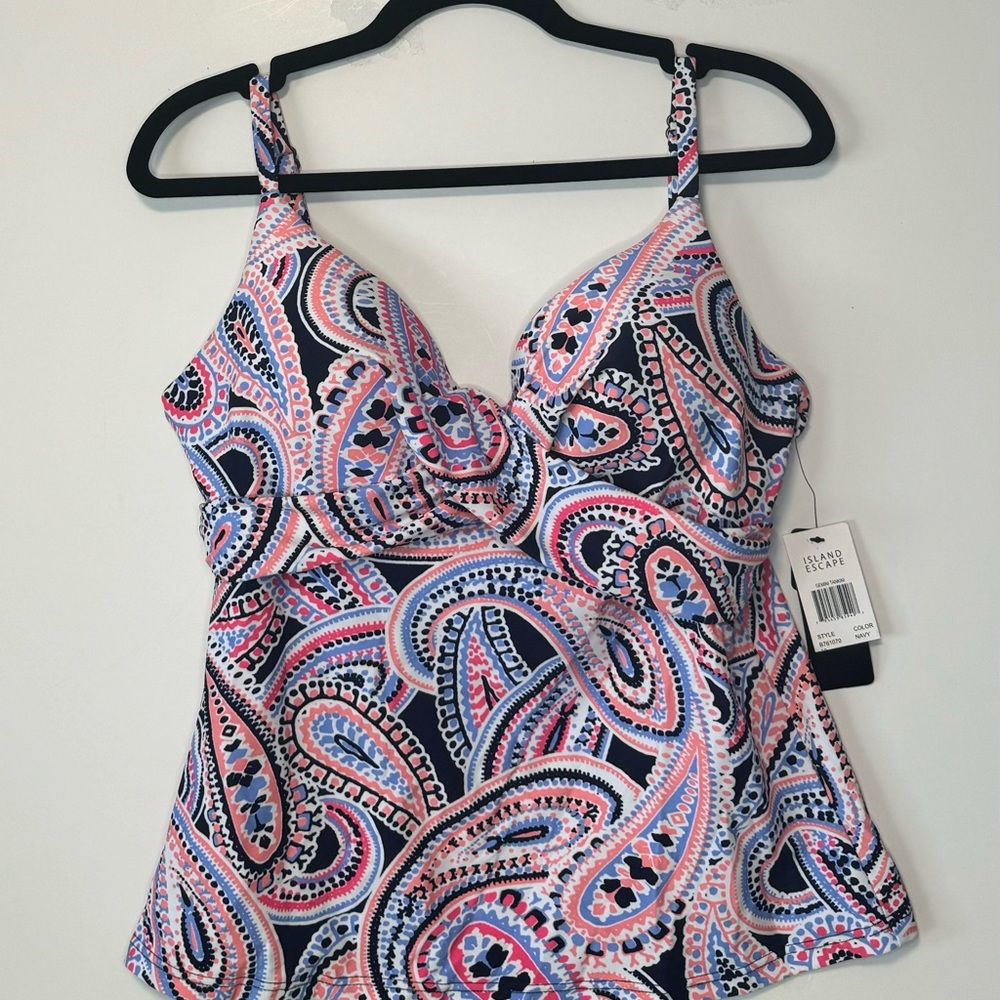 Island Escape Gemini Tankini Women’s Push Up & Underwire Paisley 10 NWT